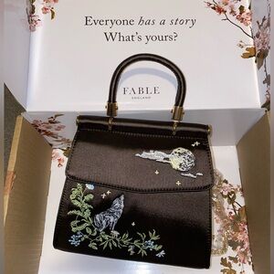 Fable England Wolf & Moon Embroidered Charcoal Satin Tote